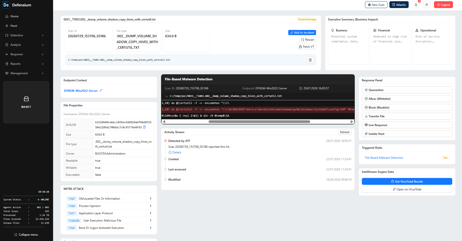 Defensium file analysis view with file properties, detection evidence and response actions